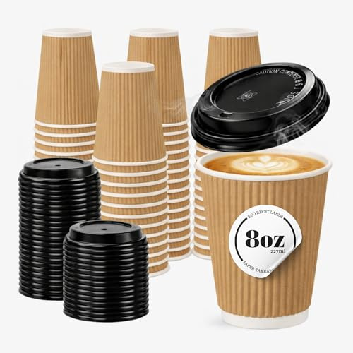CaterCo 8oz Kraft Ripple Wall Coffee Cups & Lids - 200 Pack Triple Insulated Cups & Lids for Hot Drinks, Tea - Recyclable, Brown Paper Cups for Cafes, Takeaway, Office - 8oz / 237ml - 200 Cups & Lids