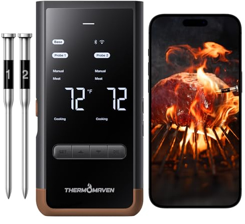 ThermoMaven Smartes Fleischthermometer Kabellose mit Basisstation, Bluetooth & WLAN, 2 Fühler, 6 Sensoren, NIST-zertifiziert, große, stabile WLAN-Reichweite, für Smoker, Backofen & BBQ, Braun