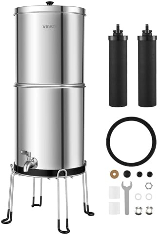 VEVOR Système de Filtration d'Eau par Gravité 8,52 L en Inox de Comptoir, Filtre à Gravité Camping Maison, Fontaine Filtrante Réduction du Plomb et Jusqu'à 99% du Chlore, 2 Cartouches au Charbon