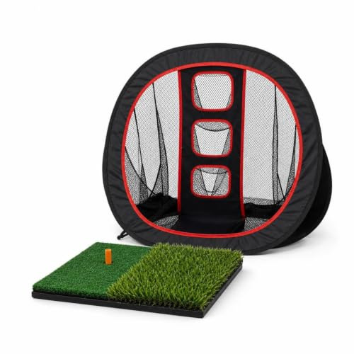 Xgdsnly Filet Réception Balles Portable Cible Chipping Golf Cadre Arrondi, Filet Carré Double Face Noir Et Rouge + Tapis De Frappe en Herbe Longue Et Courte De 30 30cm