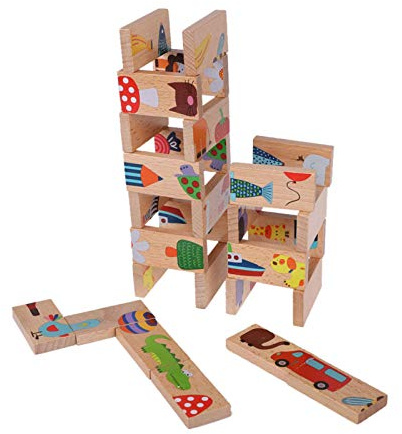 Tier-Dominosteine aus Holz, 28-teilig, Safari-Thema, buntes Tiermuster, Puzzle-Bausteine, Lernspielzeug für Baby und Kinder