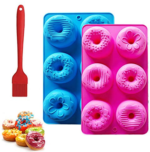 Donut-Pfannen, 2er-Set mit 1 Ölpinsel, 7,1 cm Hohlraum, Antihaft-Silikon-Donut-Pfanne zum Backen von Donuts, Bagels, Kuchen, Keksen und Seifenherstellung (Rosa und Blau)