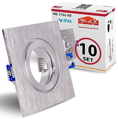 10x Einbaustrahler Bad IP44 mit GU10 Fassung ECKIG alu gebürstet Einbauspot Einbauleuchte Rahmen Rostfrei Deckenspot Strahler Spot 5102
