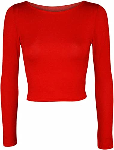 Womens Crop Long Sleeve T Shirt Ladies Short Plain Basic Round Neck Shirts Top 8-14 (Red UK 8-10)
