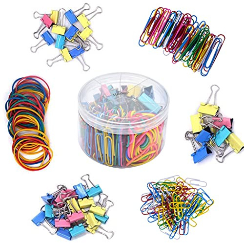 Hoshen 240 bunte Büroklammern Set, 28 mm/50 mm Büroklammern, 15 mm/19 mm/25 mm große, mittelgroße und kleine Binder, Büroklammern und elastische Gummibänder.