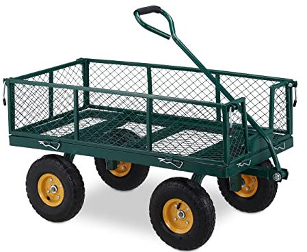 Relaxdays Handwagen, praktischer Bollerwagen für den Garten, mit Luftbereifung, klappbare Seitenteile, bis 250 kg, grün