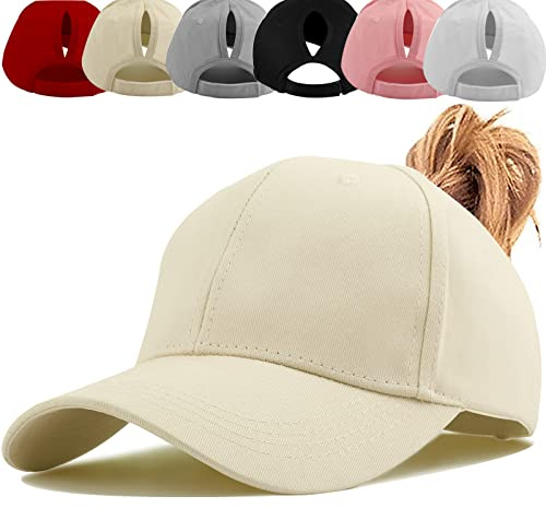 Baynetin Queue de Cheval Casquette de Baseball, Coton Respirante Ajustable Légère Anti-Soleil, Unisexe Couleur Vintage Messy Casquette Cross Hat (Beige)