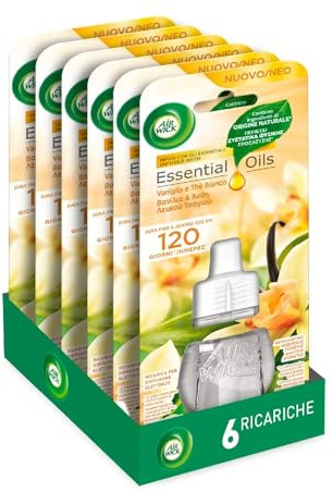 Airwick Ricariche per Diffusore Elettrico di Oli Essenziali, Confezione da 6 ricariche di Profumatore per Ambienti alla Fragranza di Vaniglia e Thè Bianco, Profumatore per Ambienti Elettrico