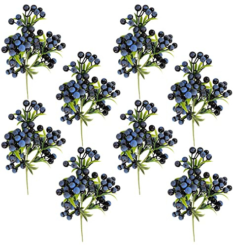ZHDOKA 8 steli di bacche artificiali, falsi rami di bacche blu con foglie verdi, plettri di bacche di agrifoglio, bouquet di bacche finte per la decorazione della casa
