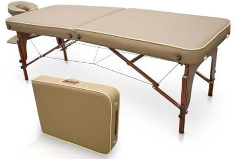 QUIRUMED massagebord för SPA, bärbart, trä, sandfärg, lackat trä, konstläder, högdensitetsstoppning, justerbar höjd, hopfällbar, avtagbart huvud, upp till 210 kg