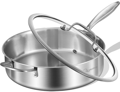 LOLYKITCH Whole Body Tri-Ply Stainless Steel 5.5 QT Sauté Pan with Lid,12 Inch Deep Frying Pan,Jumbo Cooker,Dishwasher and Oven Safe,Detachable Handle.