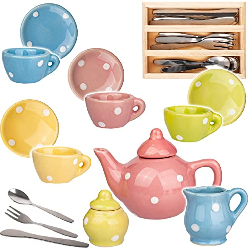 alles-meine.de GmbH Puppenküche - Geschirr & Zubehör Verschiedene Modelle wählbar 25 TLG. Set Puppengeschirr/Teeservice & Kaffeeservice + Besteckset - Bunte Punkte - Gesc..