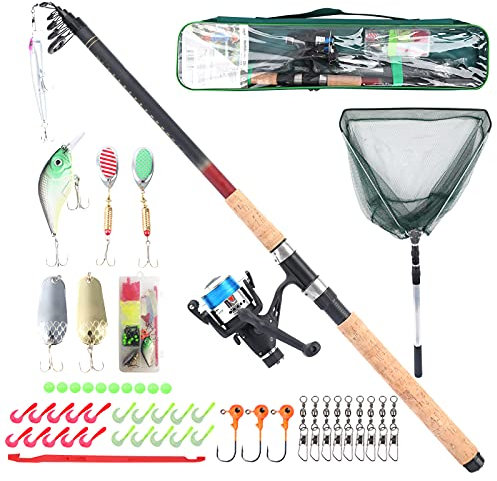 Q-Tac - Angelset Hecht/Zander mit Kescher [Angelfertig montiert & Angelrolle bespult], Angel Set komplett Profi & Einsteiger, Starter-Set für Raubfisch Angeln, Teleskoprute 2,70 m