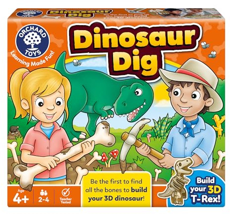 Orchard Toys Dinosaur Dig Game - Matching and Memory Board Games for 4+ Year Olds - Educational Dinosaur Toys for Boys and Girls - Build a 3D Dino - For Kids Age 4+ year olds - 2-4 Players