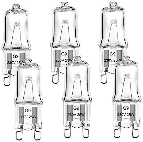 VINBE 25W G9 Halogen Light Bulb Two Prong Looped Pins for Cabinet Lights, Landscape Lights, Desk and Floor Lamps, Wall Sconces, Dimmable, 230V, Warm White(2700k, 6pcs)