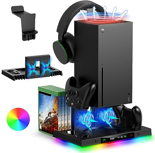 FYOUNG Upgraded Cooling Fan Stand & Dual Charging Dock for Xbox Series X | Cooler & Charger System with RGB Lights Headset Hanger & 8 Game disc slot, Accessories for Xbox Series X Console & Controller