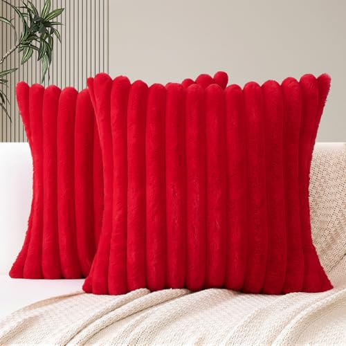 JOTOM 2er Set Doppelseitige Kunstpelz Plüsch Kissenbezüge, Dekorative Weich Kissenbezug Moderne Kissenhülle Sofakissen Zierkissenbezug für Wohnzimmer Schlafzimmer Deko (45x45cm, Rot)