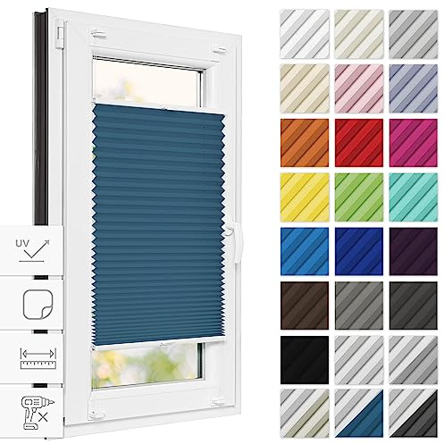 Estika Thermo Plissee zum Kleben verdunkelung 70 cm x 230 cm - Blackout: Dunkles Türkis-Weiß - Klebeplissee, Plissee ohne Bohren, Plisees ohne Bohren Blickdicht, Verdunklungsplissee