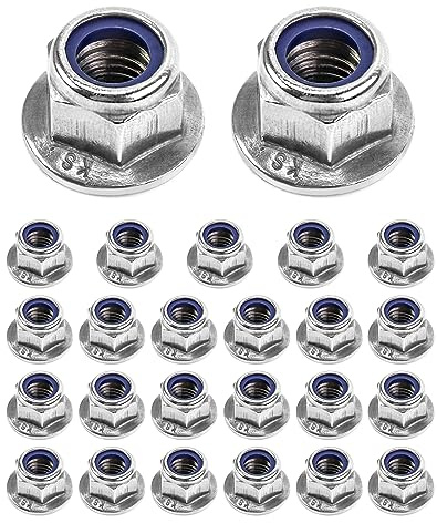 QWORK® 25 Stück M10 Flanschmuttern, Edelstahl 304 Sicherungsmuttern Sechskantmuttern mit Kunststoffklemmteil (10 mm)