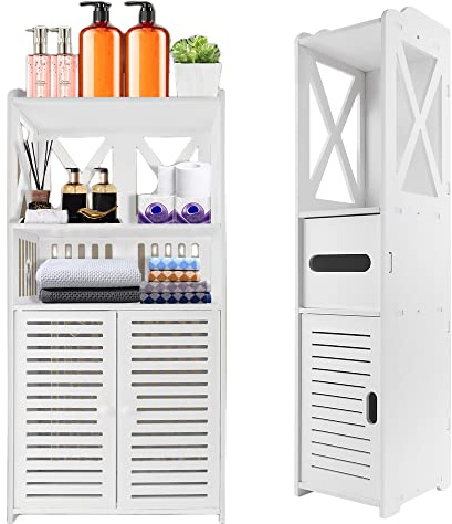 Qimu Weiß Hochschrank Badezimmer Schmal Kleines Badezimmerschrank mit Doppeltür, wasserdichte Badschrank Freistehender Badezimmer-Aufbewahrungseinheit, Mehrzweck-Aufbewahrungsschrank, 90x40x25cm