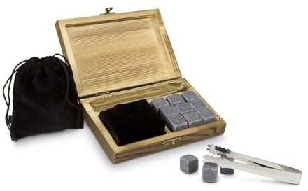 ROMINOX Geschenkartikel Eiswürfel-Steine // Granito – 9 Wiederverwendbare Whiskysteine aus Granit + Zange + Beutel + Holzbox; für Cocktails und Longdrinks; ca. 15.5 x 11.8 x 3.2 cm