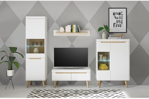 Lomadox Anbauwand in Weiß Matt mit Eiche, 4-teilig inkl. Beleuchtung, Standvitrine, TV-Lowboard, Wandboard, Vitrine