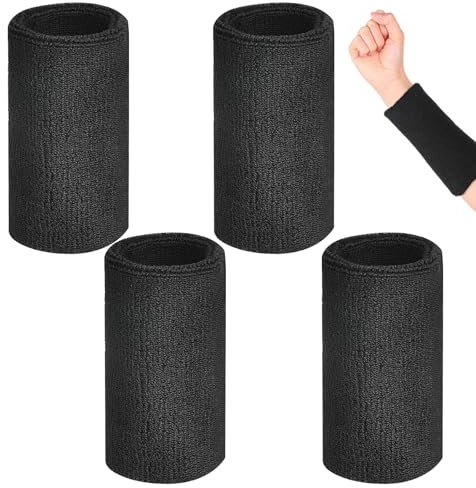 Schweißband Handgelenk, 4 Stück 15 cm Langes schwarze Schweißband, Handgelenk Schweißbänder, Sports Schweißbänder, für Handball, Basketball, Tennis, Gymnastik, Laufen in Schwarz