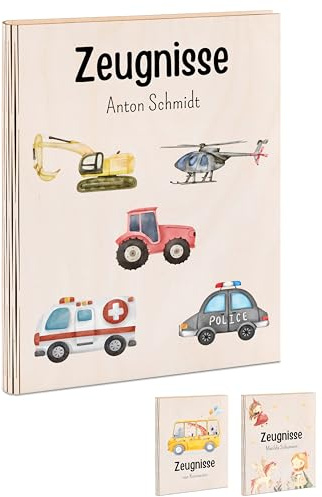 Bärenfreunde® - Personalisierte Holz-Zeugnismappe A4 mit 5 Fahrzeugen - Modern & Nachhaltig - Für Jungen & Mädchen - Schulanfang, Einschulung oder Geburtstag