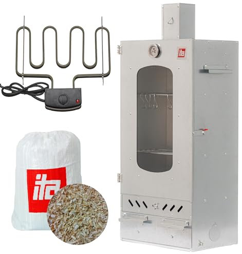 ITA Räucherofen 7012 - Smoker Set mit Heizelement & Räucherspänen - Räucherschrank mit 3 Etagen - Legierter Stahl, mit Sichtfenster & Kaminabzug - Qualität Made In EU Direkt vom Hersteller