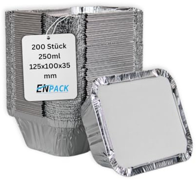 Enpack Aluschalen 250ml + Deckel 200 Stück - Wärmebehälter für Speisen - Alu Grillschalen als food container, kleine Auflaufform, Grill Zubehör etc. - feuerfeste Schale, meal prep boxen