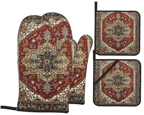 4 Stück Ofenhandschuhe Set Vintage Orientalisch Boho Türkisch Antik Backhandschuhe Waschbar Topfhandschuhe Hitzebeständige Ofen Mitt Für Zum Grillen, Mikrowellenofen, BBQ
