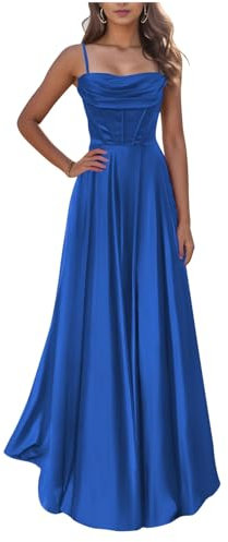 KURFACE Robe de bal en satin pour adolescentes, col bénitier et bretelles spaghetti, longue robe de bal formelle pour femmes, bleu marine, 56 Grande taille