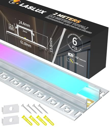 LASLUX LED Aluminium Profil 6 x 2m(12m) Aluminium Trockenbauprofil für LED Streifen bis 20 mm Breite mit milchweißer PC-Abdeckung und Zubehörset(SP45)