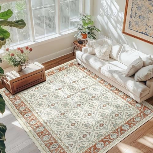 Tappeto vintage per soggiorno, grande, lavabile, orientale, tradizionale, da fattoria, per camera da letto, tappeto floreale boho, stampato, effetto anticato, beige, 240*300 cm (95×118 pollici)