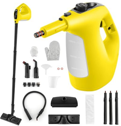 GOPLUS Limpiador de Vapor Portátil, Vaporizador a Presión de 1400 W para Limpieza, Mopa a Vapor Multiusos con 14 Accesorios y Bloqueo de Seguridad, para Cocina, Baño, Pisos, Sofás (Amarillo)