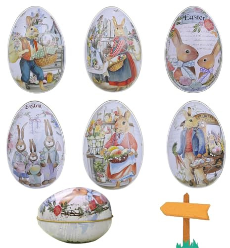 Onlvmyur 6 Stück Ostereier Keksdose Metall, Osterei zum Befüllen, Gebäckdose Ostern Interessant Hasen-Muster für Süßigkeiten Kekse Schokolade Geschenkverpackung (6.5 * 4.5 * 5 cm)