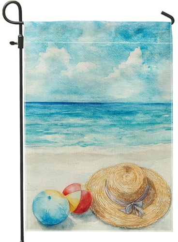 Sommer-Strandball-Strohhut-Gartenflagge, blaue Küstendekoration, Hofflagge, doppelseitige Jute, Rasendekoration für den Außenbereich, 30,5 x 45,7 cm
