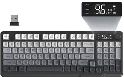FREEWOLF M96 Tastiera Da Gioco Wireless, Controllo Tramite Manopola Bluetooth/Tastiera Meccanica Wireless 2.4G, Retroilluminazione a LED con Schermo, Copritasto PBT, 3000mAh, QWERTY - Sfumatura Nera