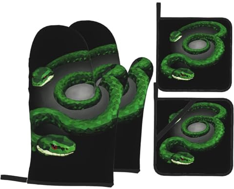 BROLEO Ensemble de 4 pièces de cuisson polygonales à double tête imprimé serpent – Manique isolante et manique anti-brûlure et isolation thermique