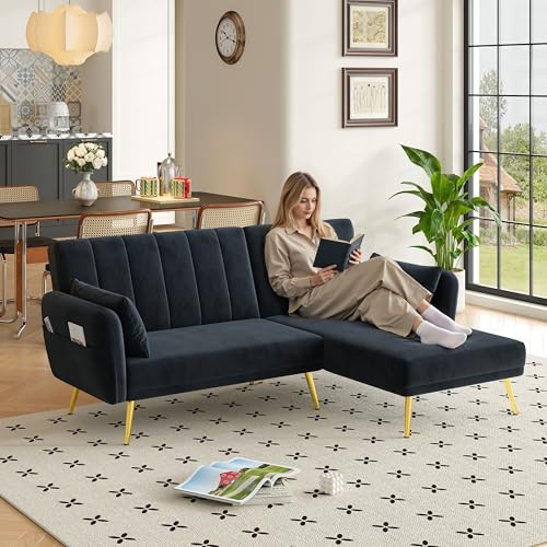 ZONJIE Divano letto 3 posti, divano multifunzionale a forma di L con funzione di sonno, schienale regolabile a 108°/135°/180° e tasche laterali, divano ad angolo piccolo per soggiorno (nero)