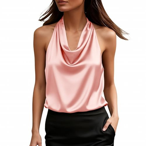 Caraco en soie pour femme - Col bénitier - Dos nu - Sans manches - Élégant - Pour sortir - En satin, rose, S