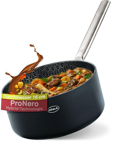 RÖSLE EBONIC Stielkasserolle 16 cm, Keramik Kasserolle mit Inkution | ProNero Keramik Antihaftbeschichtung, PFAS-frei, backofenfest bis 260 °C, ideal für Milch und Saucen