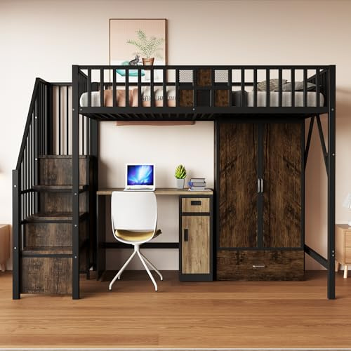 Kebnor Cama alta de metal 90 × 200 cm con diseño de barandilla distintivo de madera y rejilla metálica, completa con un gran armario, cajones y escalera de almacenamiento, negro
