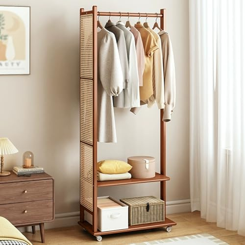 Bamboo Coat Rack with Rattan Panel and Shelves for Entryway, Hallway, Bedroom, Office