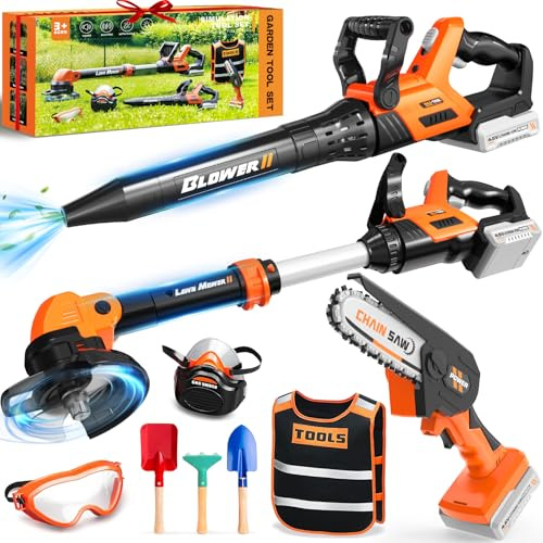 Outils de Jardin pour Enfants 3 in -Débroussailleuse & Souffleur Enfant & Tronconneuse Enfant Effets Sonores Réalistes, Exterieur Jouet Enfant 3-5 Ans,Cadeau Garcon 3-5 Ans