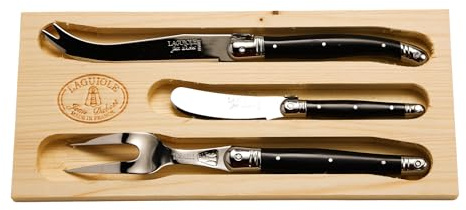 Jean Dubost Laguiole 3-Piece Cheese Knife Set, Black Handles - Rust-Resistant Stainless Steel - Includes Wooden Tray - Made in France