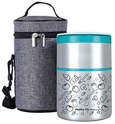 Lille Home Pranzo termico in acciaio inossidabile impilabile a vuoto Isolabile, snack, contenitore bento/cibo a 2 livelli con sacchetto da pranzo, barattolo isolato da 946 ml (Blu)