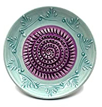 Kaladia - Rallador de cerámica/Cesto de cerámica - ideal para jengibre, parmesano, etc. - Motivo: Turquesa/Lavanda - Diámetro: 12 cm - hecho a mano y pintado a mano - Fabricado en España