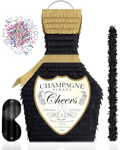 Jergrim Black and Gold Champagne Piñata with Stick 17”X10”X5” great for 21st Birthday, Decorations, Graduation, New Years & Wedding Props - Fits party favors