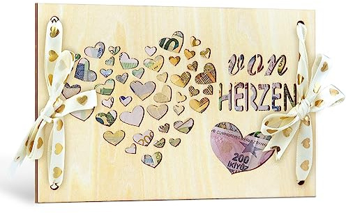 TAKULA Bilderrahmen Herz Mit Goldener Schleife, Hochzeitsgeschenke für Brautpaar,Konfirmation Geschenk,Geldgeschenke Verpackung Hochzeit|VON HERZEN (18 * 12cm)